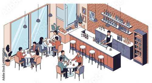 Patrons enjoy drinks and conversation in a modern stylish bar featuring a long counter with a bartender and patrons seated at tables.