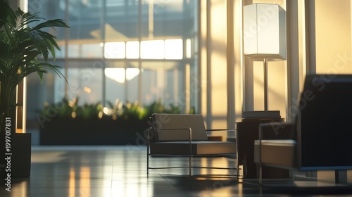 Sleek armchairs and a floor lamp offer comfort in a contemporary office lobby, with green plants and warm golden hour light reflecting on the polished floor, creating a welcoming atmosphere