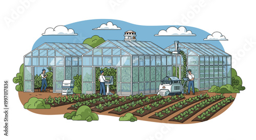 Modern smart greenhouse facility uses advanced technology including robotics and automation to optimize plant growth and farming efficiency.
