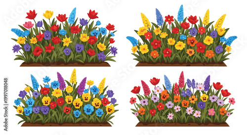 Vibrant spring flowerbeds bursting with colorful tulips, pansies, and hyacinths