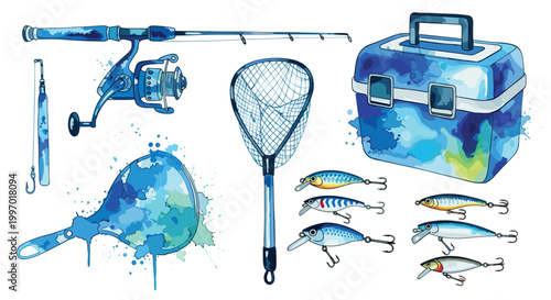 Collection of blue watercolor fishing gear and lures on a white background