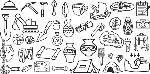 Hand drawn Archaeology doodle icon set, ancient artifact sketch collection with fossil, pottery, tools, map symbols, perfect for history, education, and museum design.