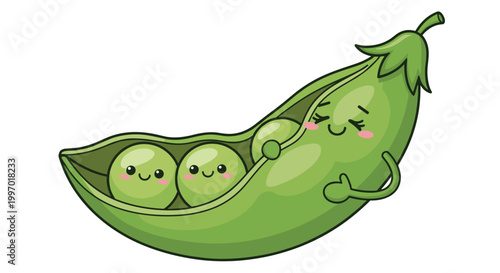 Cute cartoon pea pod with happy peas inside, smiling and hugging