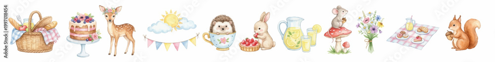 Fototapeta premium Woodland picnic collection, adorable animals, summer food and nature elements, pastel decorative clipart in cozy style. Collection of Vector illustrations for invitation, card, poster, banner, decor