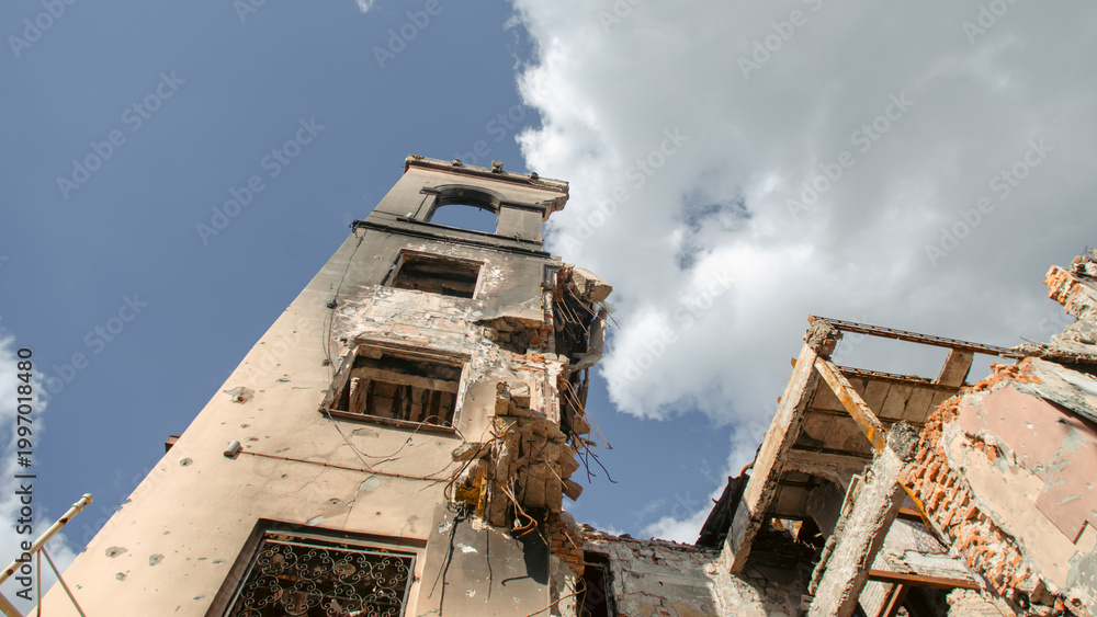 Fototapeta premium destroyed and burned houses in the city Ukraine war