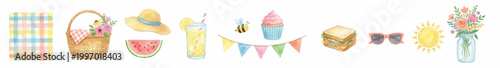 Cute summer elements, picnic objects, sunny holiday mood, decorative floral and food clipart in pastel tones. Collection of Vector illustrations for invitation, card, poster, banner, decoration
