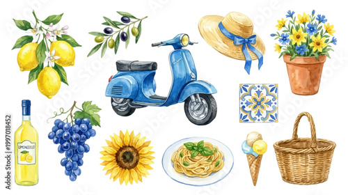 Photos Italian summer set, travel and food elements, citrus, flowers and leisure objects in pastel watercolor clipart style