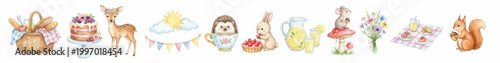 Woodland picnic collection, adorable animals, summer food and nature elements, pastel decorative clipart in cozy style. Collection of Vector illustrations for invitation, card, poster, banner, decor