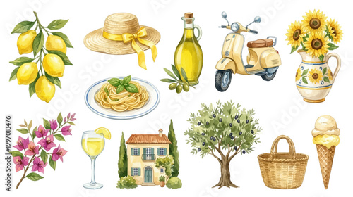Italian summer collection, coastal travel vibe, food, flowers and rustic lifestyle objects in pastel watercolor style. Collection of Vector illustrations for invitation, card, poster, banner, decor