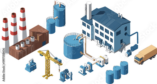 Isometric Industrial Factory Scene with Machinery Storage Tanks Crane Truck and Production Equipment, Manufacturing Plant Infrastructure Vector Illustration Set
