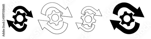 Banner Sync process and workflow icon set. Productivity, setting, synchronization, gear wheel with arrow symbol on white background vector graphic design