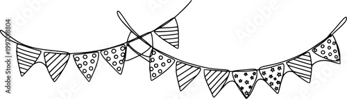 Continuous line art drawing buntings garland. Celebration party hand drawn flags. Vector linear illustration isolated on white.
