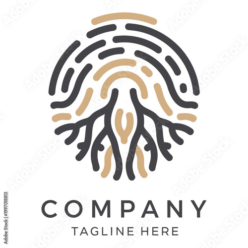 Company logo template with fingerprint and tree roots design elements icon