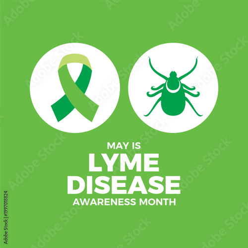 May is Lyme Disease Awareness Month poster vector illustration. Green awareness ribbon and tick parasitic arachnid silhouette icon set vector. Template for background, banner, card. Important day