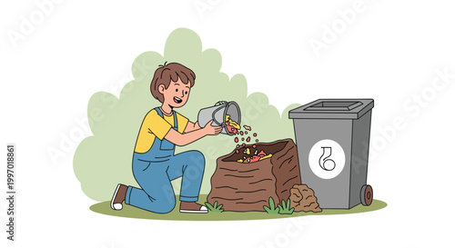 Young person in overalls adding kitchen scraps to a compost bin outdoors