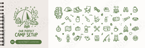 Camping Gear Doodle Vector Icon Set