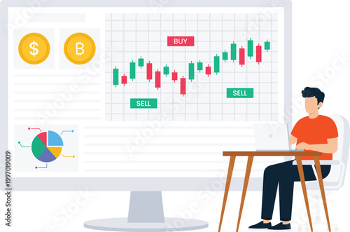 Trader analyzing financial data stock market crypto currency investment strategy remote worker digital finance candlestick chart market analysis online trading business technology