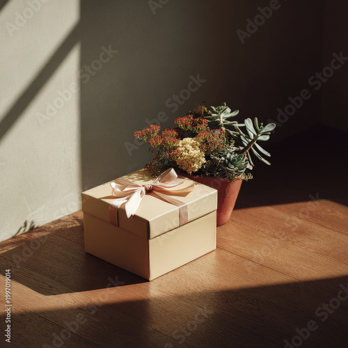 beautifully wrapped gift box with delicate ribbon rests elegantly on wooden floor
