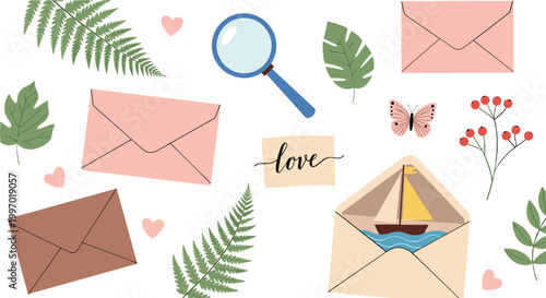 Love and Nature Themed Illustration Set with Envelopes, Magnifying Glass, and Floral Elements for Romance, Letter Writing, and Spring Designs