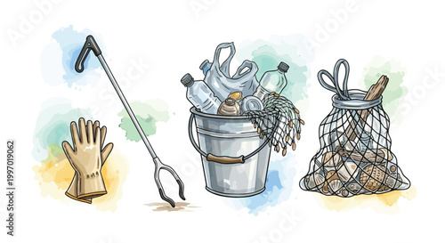 Beach cleanup supplies including gloves, grabber, bucket, and net bag filled with debris