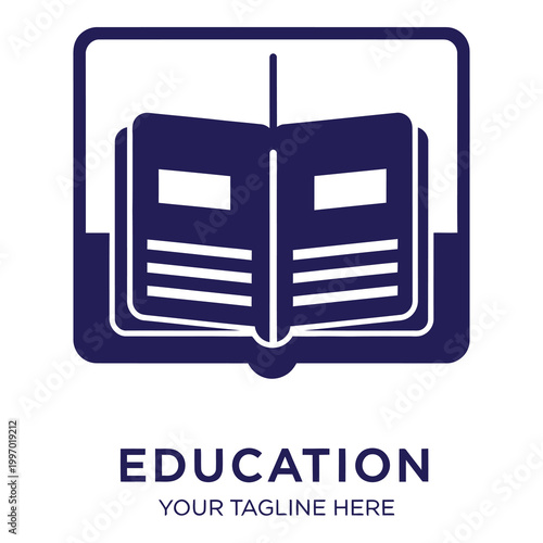 Education logo with open book and square frame design icon