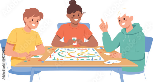 Happy group of friends sitting at table playing board game together with cards and pieces in flat illustration 18 words