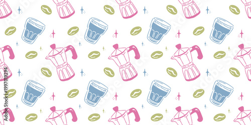 Pastel coffee seamless pattern with moka pot, cups, beans and sparkles in hand drawn retro style