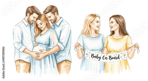 Happy pregnant couple and two women holding a 'Baby On Board' banner