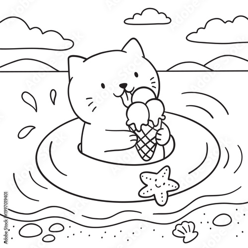 Cute cat eating ice cream in swimming ring at the beach coloring page for kids