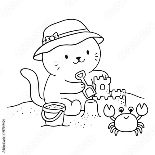 A cute cartoon cat wearing a sun hat sits on a sandy beach building a sandcastle next to a small crab and a bucket.