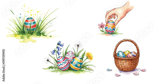 Colorful painted Easter eggs nestled in grass with flowers and a basket