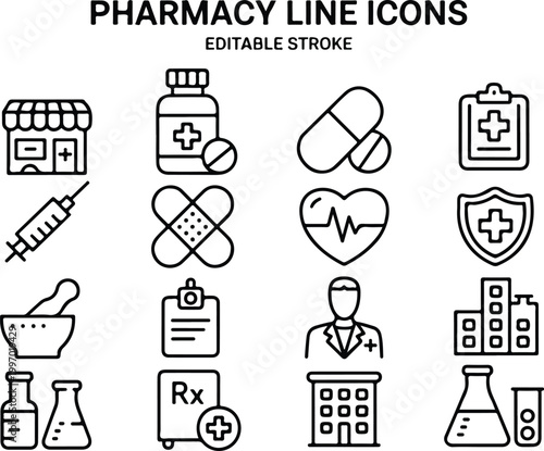 Pharmacy and medical line icon set with editable strokes featuring pill bottle syringe bandage heartbeat and laboratory equipment vectors 19 words