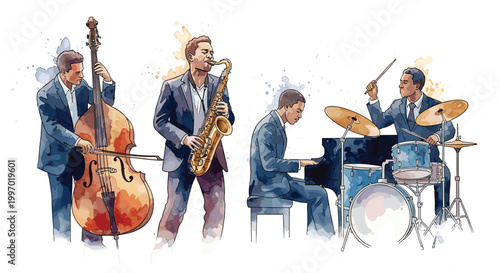 Jazz quartet performing music with saxophone, piano, bass, and drums