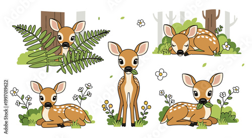 Adorable cartoon fawns in a forest setting with ferns and flowers