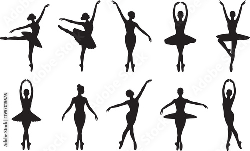 Ballet Dancer Silhouette Set with Elegant Dance Poses, Classical Performance Movements, and Artistic Female Figures for Theater and Dance Design
