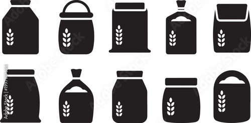 Grain Sack and Storage Bag Silhouette Set with Agricultural Packaging Icons, Wheat Containers, and Farm Supply Elements for Food Industry Design