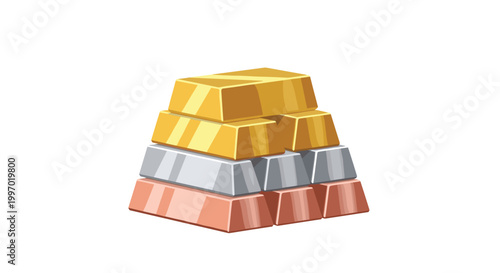 A meticulous stack of gold, silver, and copper bars is arranged in a pyramid shape showing wealth and investment value on a clean white background.