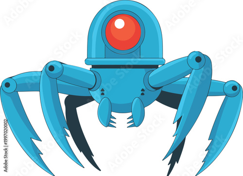 Blue futuristic robotic spider drone vector with red eye for sci-fi gaming technology security concept and artificial intelligence automation mascot design.