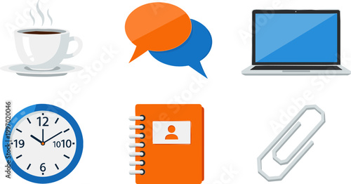 Office Tools and Work Icons Set Including Coffee Cup, Laptop, Clock, Speech Bubbles, Notebook, and Paperclip