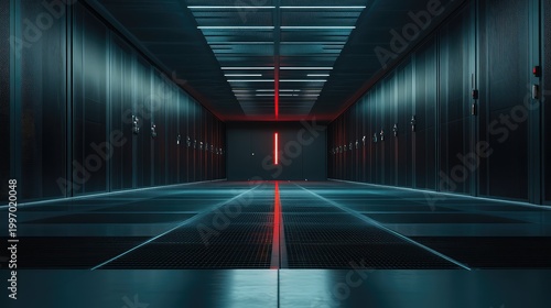 Server room corridor with racks of network hardware and a glowing red light illuminating the futuristic infrastructure, suggesting cloud computing, security, and digital data storage