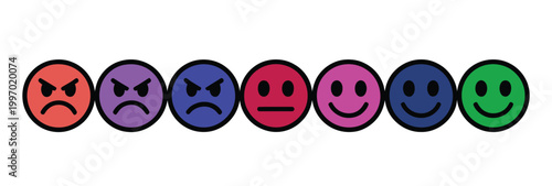 Emotion icons in various colorful faces expressing different feelings and moods