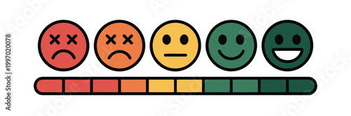 Emotion rating scale with colorful smiley faces and gradient bar