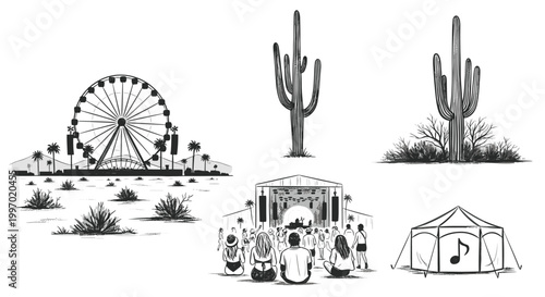 Desert festival scene with Ferris wheel, stage, cacti, and tents
