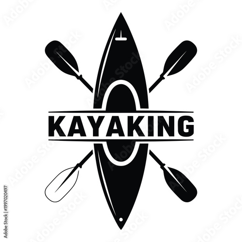 Kayaking boat with oars and text on white background icon