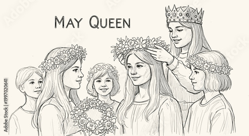 May Queen ceremony with girls wearing flower crowns and one receiving a crown