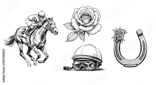 Horse racing jockey and equipment with floral and horseshoe elements