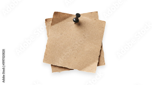 Obraz na płótnie Two torn blank kraft paper notes pinned with a black tack on a transparent backg