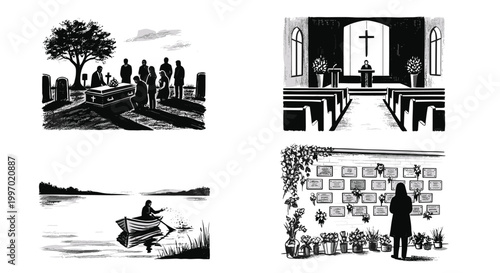 Scenes depicting funeral services and remembrance, including burial and memorialization