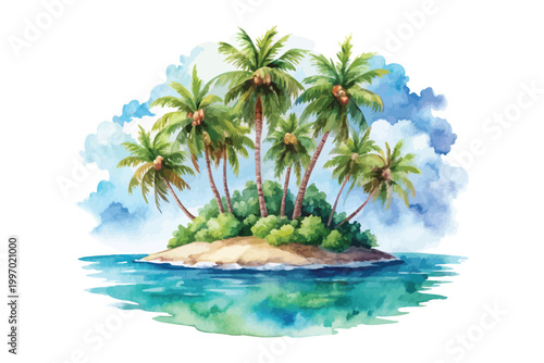 Watercolor Island Icon, Tropical Landscape Clipart, illustration Isolated on White background