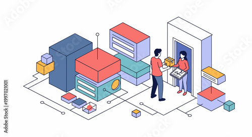 Man At Door Give Box To Girl In Big City For Fast Shop Day New Art